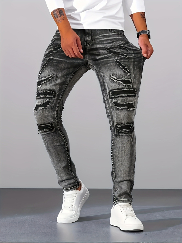 Határokon átnyúló, luxus külkereskedelmi főutcai férfi farmer, rojtos, fekete, szürke, rugalmas, vékony, kicsi, egyenes, hétköznapi férfi nadrág