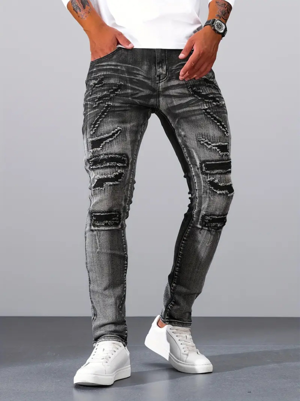 Határokon átnyúló, luxus külkereskedelmi főutcai férfi farmer, rojtos, fekete, szürke, rugalmas, vékony, kicsi, egyenes, hétköznapi férfi nadrág