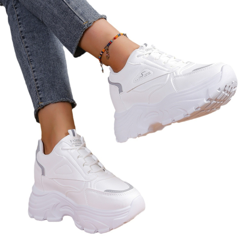 Plus size Magasságnövelő Női Tornacipő 2023 Ősz Új Bőr Színű Fehér Cipők Vastag Talpú Futócipő könnyű, Egyszínű