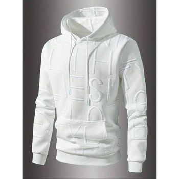 Férfi betűs mintás kapucnis pulóver, normál szabású, lezser