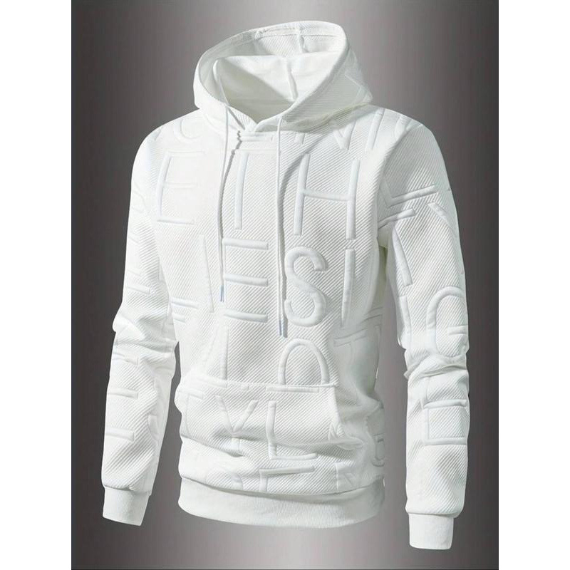 Férfi betűs mintás kapucnis pulóver, normál szabású, lezser