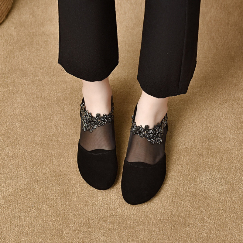 Natūralios odos apvaliomis nosimis bateliai iš tinklinio audinio moterims, 2025 m. pavasario naujas stilius, storas kulnas, minkštas padas, tuščiaviduriai, kvėpuojantys, universalūs mokasinai moterims