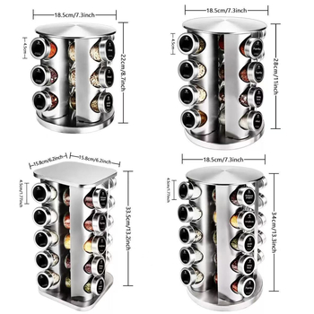 360 laipsnių besisukantis nerūdijančio plieno prieskonių butelių laikiklis, virtuvės prieskonių stiklainių laikymo stovas, druskos, cukraus, pipirų laikymo stovas