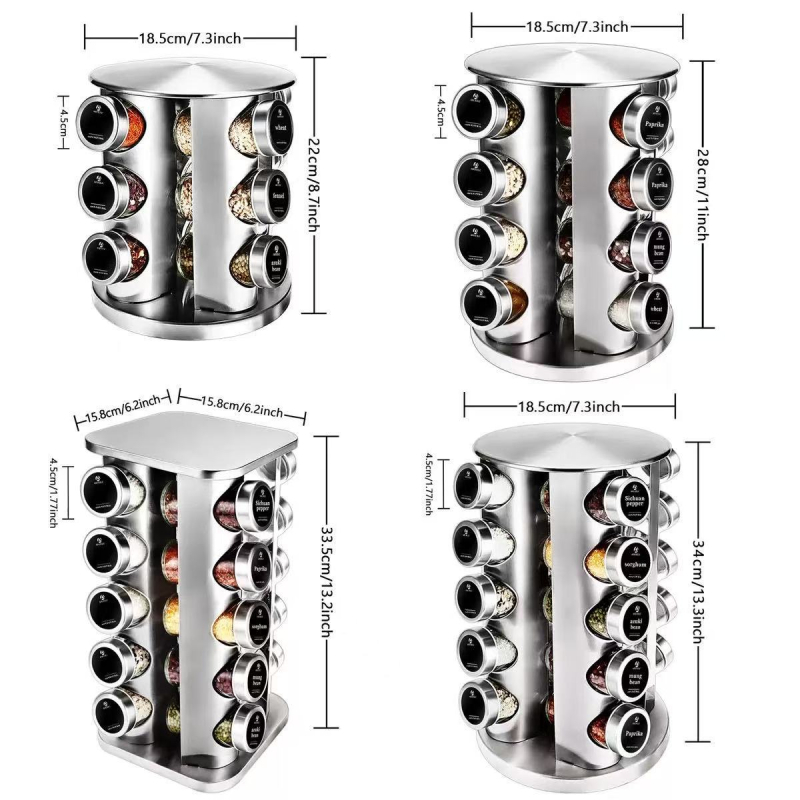 360 laipsnių besisukantis nerūdijančio plieno prieskonių butelių laikiklis, virtuvės prieskonių stiklainių laikymo stovas, druskos, cukraus, pipirų laikymo stovas