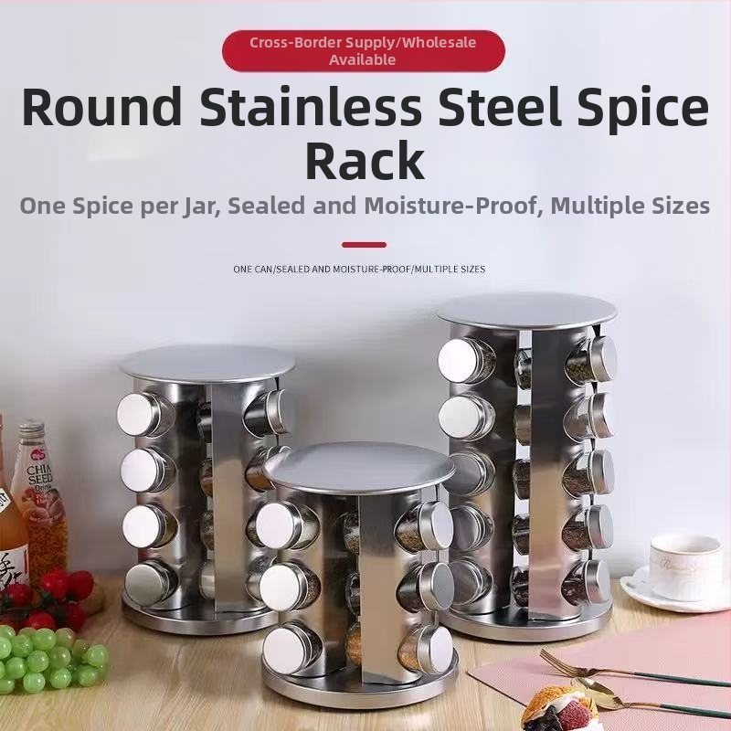 360 laipsnių besisukantis nerūdijančio plieno prieskonių butelių laikiklis, virtuvės prieskonių stiklainių laikymo stovas, druskos, cukraus, pipirų laikymo stovas