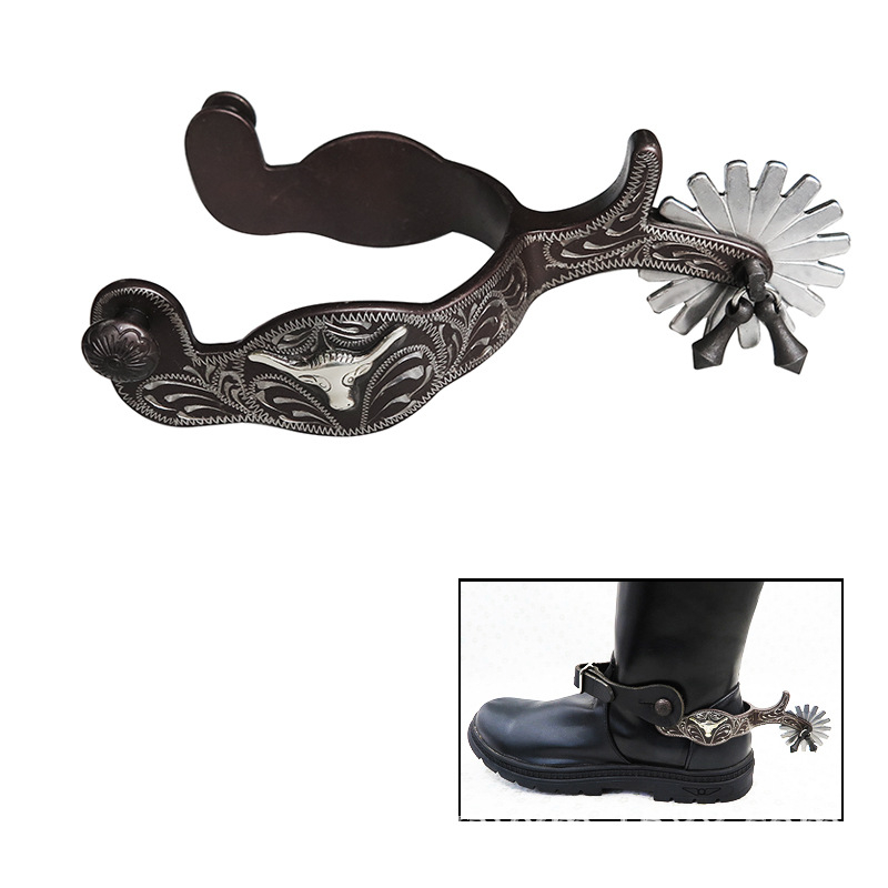 Raudkarvadest pronksist lääneliku stiilis hobuse okas, inkrusteeritud Saksa hõbedase dekoratiivplaadiga, käsitsi nikerdatud teksariidest hobuse okas meestele [Sp5107]