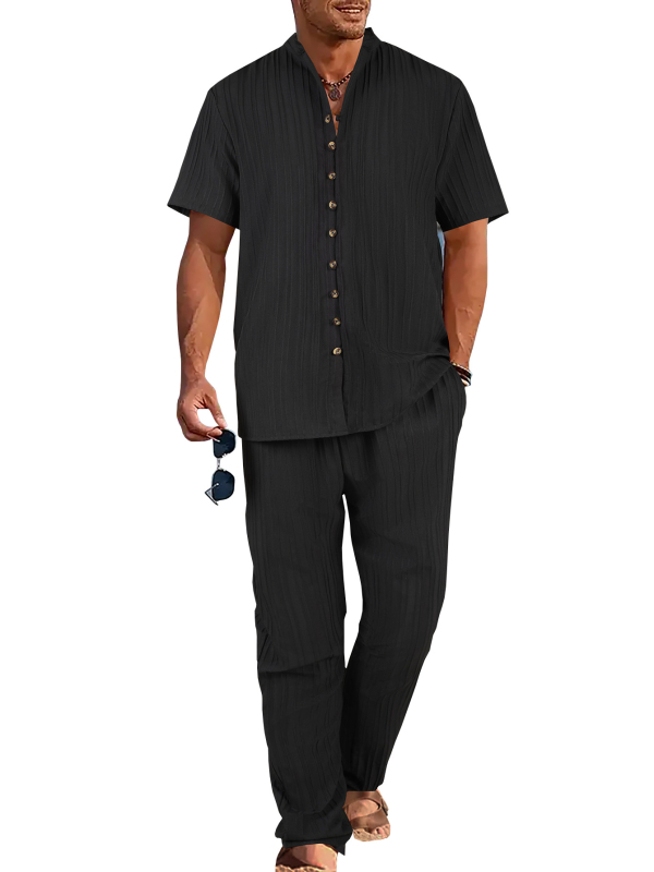 Európai és amerikai nyári férfi új, lezser, bő kardigán, rövid ujjú, egyszínű, póló, nadrág, öltöny, vékony, lélegző férfi ruházat