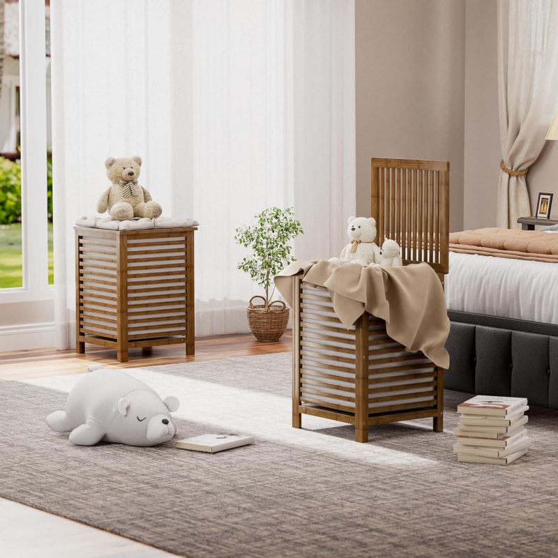 Individualus sulankstomas buitinis nešvarių drabužių krepšelis su dangčiu, bambuko audinio laikymo krepšys su vidiniu maišeliu, populiarus stilius vonios kambariui ir miegamajam