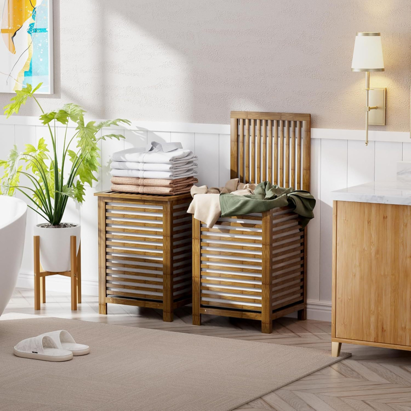 Individualus sulankstomas buitinis nešvarių drabužių krepšelis su dangčiu, bambuko audinio laikymo krepšys su vidiniu maišeliu, populiarus stilius vonios kambariui ir miegamajam