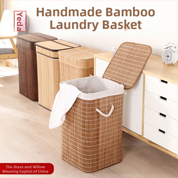 Buitinis sulankstomas nešvarių drabužių krepšelis iš bambuko, su dangčiu, atsparus dulkėms, austi nešvarių drabužių užkandžiai, žaislų laikymo kibiras, didmeninė prekyba