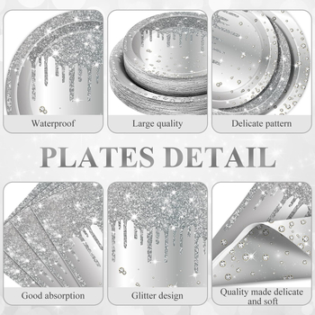 Vienkartinis popieriaus dėklas „Blykstė“ sidabro spalvos deimanto formos servetėlė ir puodelis, peilis, šakutė ir šaukštas, moterų gimtadienis, sukaktis, vestuvės