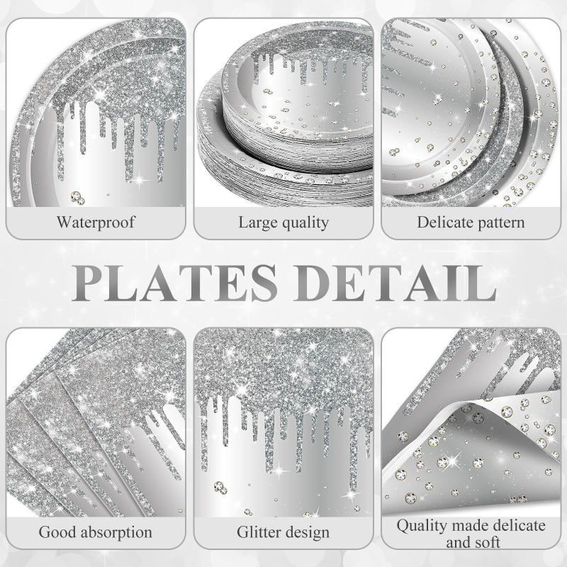 Vienkartinis popieriaus dėklas „Blykstė“ sidabro spalvos deimanto formos servetėlė ir puodelis, peilis, šakutė ir šaukštas, moterų gimtadienis, sukaktis, vestuvės
