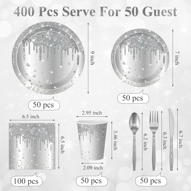 Vienkartinis popieriaus dėklas „Blykstė“ sidabro spalvos deimanto formos servetėlė ir puodelis, peilis, šakutė ir šaukštas, moterų gimtadienis, sukaktis, vestuvės