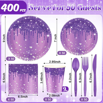 Ühekordsed paberialused lillade sädelevate teemantvärvidega salvrätikud ja kruusid, daamide sünnipäeva-aastapäeva pulmalauanõud