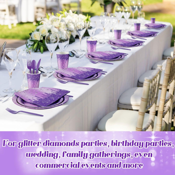 Ühekordsed paberialused lillade sädelevate teemantvärvidega salvrätikud ja kruusid, daamide sünnipäeva-aastapäeva pulmalauanõud