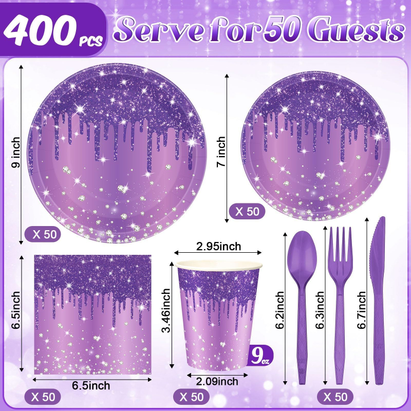 Ühekordsed paberialused lillade sädelevate teemantvärvidega salvrätikud ja kruusid, daamide sünnipäeva-aastapäeva pulmalauanõud