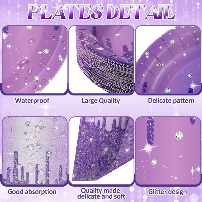 Ühekordsed paberialused lillade sädelevate teemantvärvidega salvrätikud ja kruusid, daamide sünnipäeva-aastapäeva pulmalauanõud