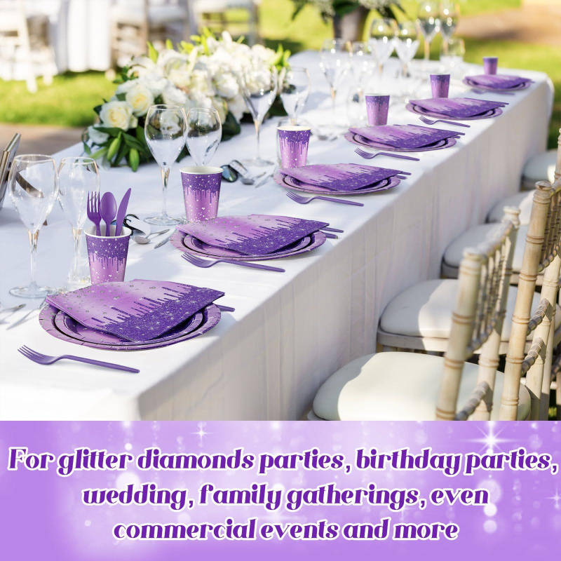 Ühekordsed paberialused lillade sädelevate teemantvärvidega salvrätikud ja kruusid, daamide sünnipäeva-aastapäeva pulmalauanõud