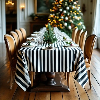 juodai balta dryžuota staltiesė, plaunama stačiakampė poliesterio staltiesė