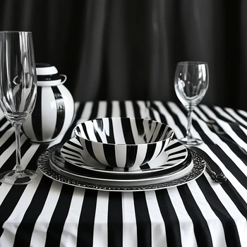 juodai balta dryžuota staltiesė, plaunama stačiakampė poliesterio staltiesė