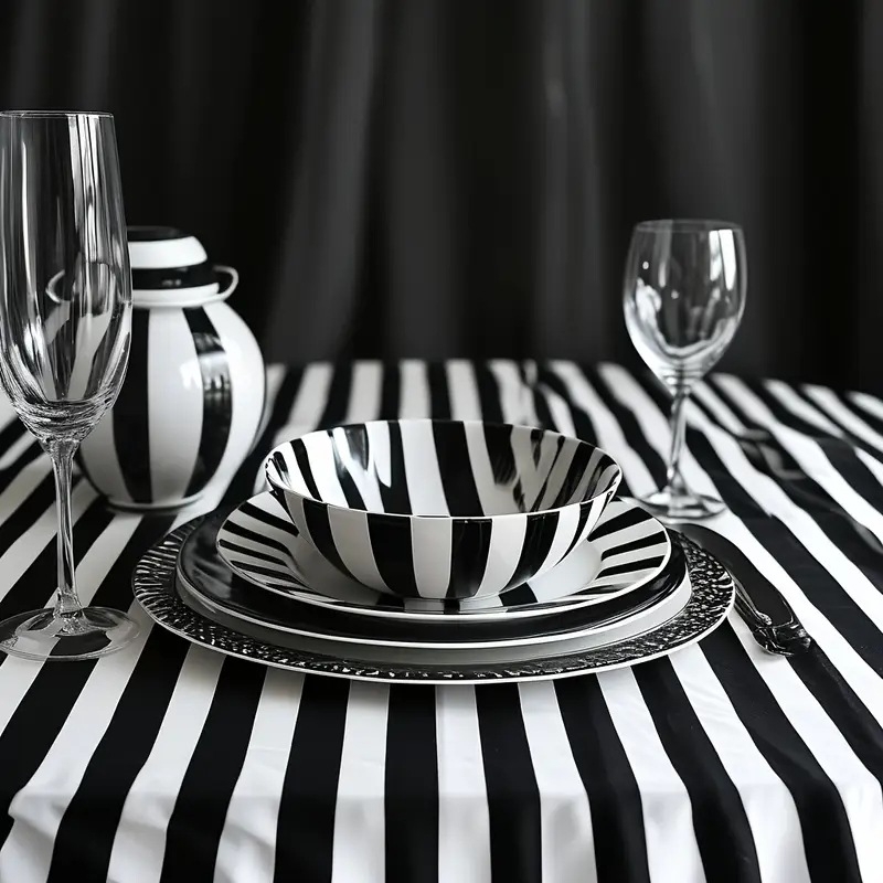 juodai balta dryžuota staltiesė, plaunama stačiakampė poliesterio staltiesė