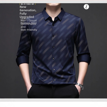 Varrás nélküli csíkos férfi ing, hosszú ujjú, új tavaszi és őszi üzleti lezser, drapé, vasalás nélküli ing, érett stílusú férfi ruházat
