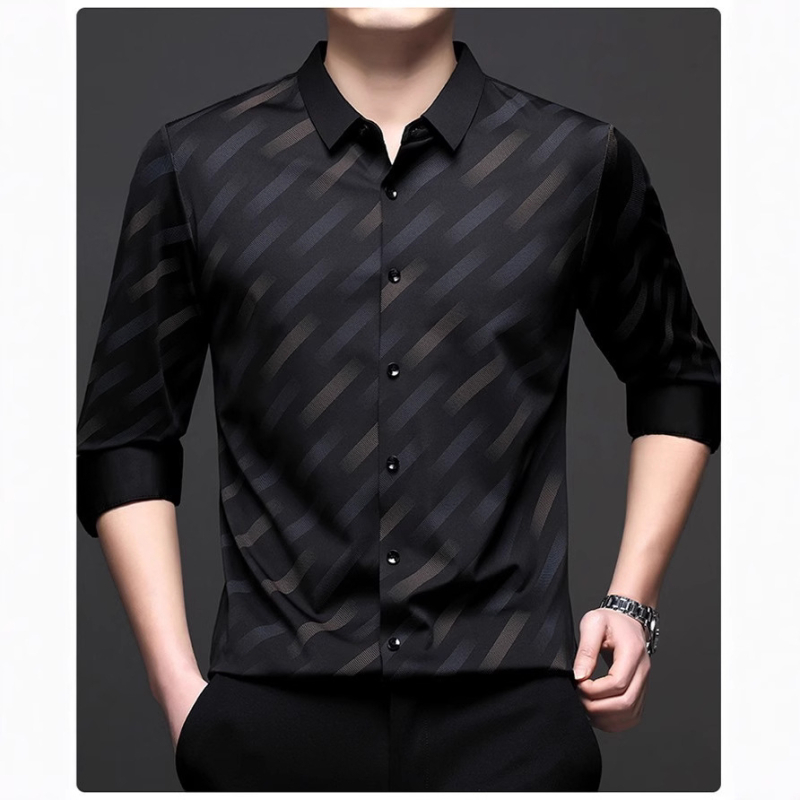 Varrás nélküli csíkos férfi ing, hosszú ujjú, új tavaszi és őszi üzleti lezser, drapé, vasalás nélküli ing, érett stílusú férfi ruházat