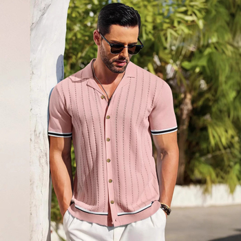 Új európai és amerikai férfi lezser felső, nyári, hűvös, kötött férfi ing, rövid ujjú, Lel egyszínű férfi ruházat