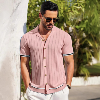 Új európai és amerikai férfi lezser felső, nyári, hűvös, kötött férfi ing, rövid ujjú, Lel egyszínű férfi ruházat