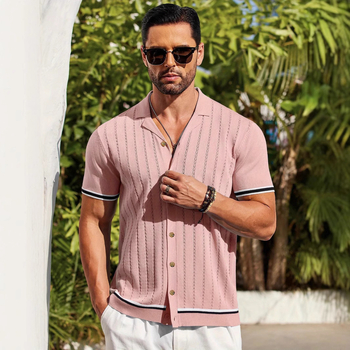 Új európai és amerikai férfi lezser felső, nyári, hűvös, kötött férfi ing, rövid ujjú, Lel egyszínű férfi ruházat