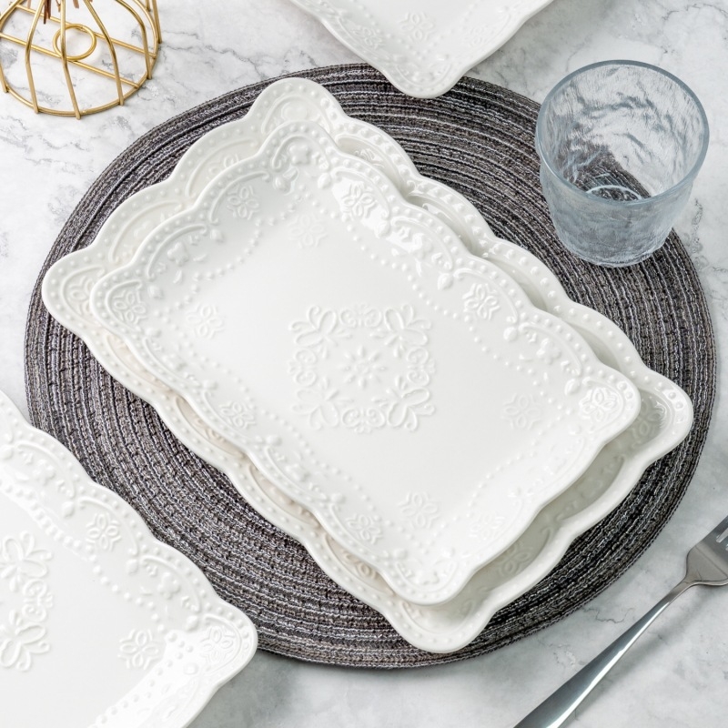 Új dombornyomott kerámia nyugati étel Nordic tál téglalap alakú háztartási kerámia étkészlet mikrohullámú sütőhöz