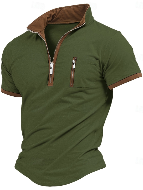 2025-ös Spot Cross-Border Amazon gyors szállítású európai és amerikai férfi rövid ujjú, színblokkos cipzáras felsők, laza pólók