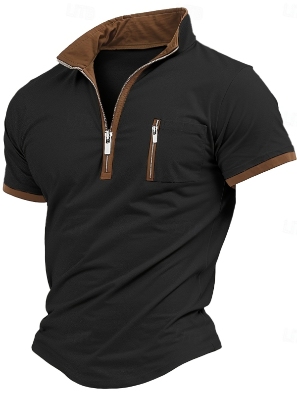 2025-ös Spot Cross-Border Amazon gyors szállítású európai és amerikai férfi rövid ujjú, színblokkos cipzáras felsők, laza pólók