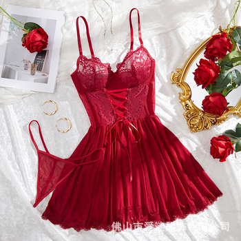 Σετ δύο τεμαχίων νυχτικών με δαντέλα και τιράντες, νέες σέξι πιτζάμες για γυναίκες, ευρωπαϊκής και αμερικανικής κατασκευής, σε καθαρό χρώμα, 25015