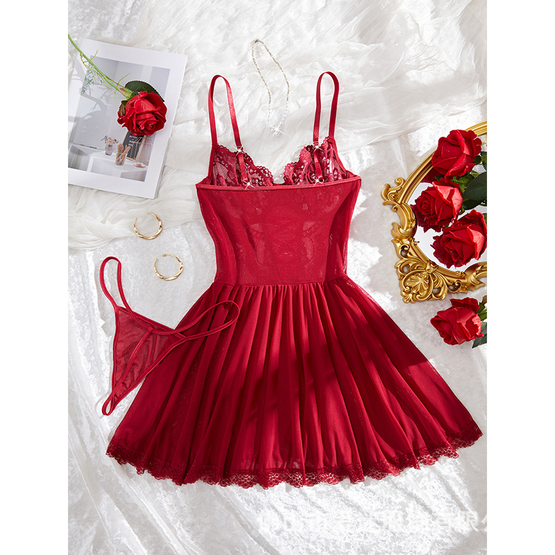 Σετ δύο τεμαχίων νυχτικών με δαντέλα και τιράντες, νέες σέξι πιτζάμες για γυναίκες, ευρωπαϊκής και αμερικανικής κατασκευής, σε καθαρό χρώμα, 25015