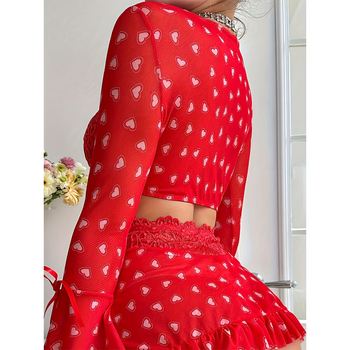 2424 Uus Euroopa ja Ameerika piiriülene perspektiiv Seksikas pesu Punane armastusrinnahoidja Lühike seelik Kolmeosaline komplekt