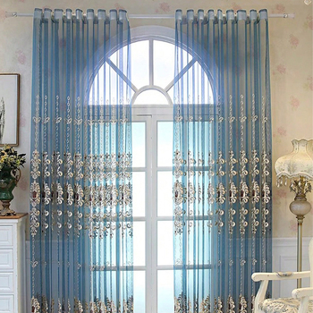 Sandėlyje esantys tarpvalstybiniai gatavi produktai „Four Seasons“ svetainė valgomasis balkonas langai nuo grindų iki lubų europietiška siuvinėta nuo saulės užuolaida mėlyna