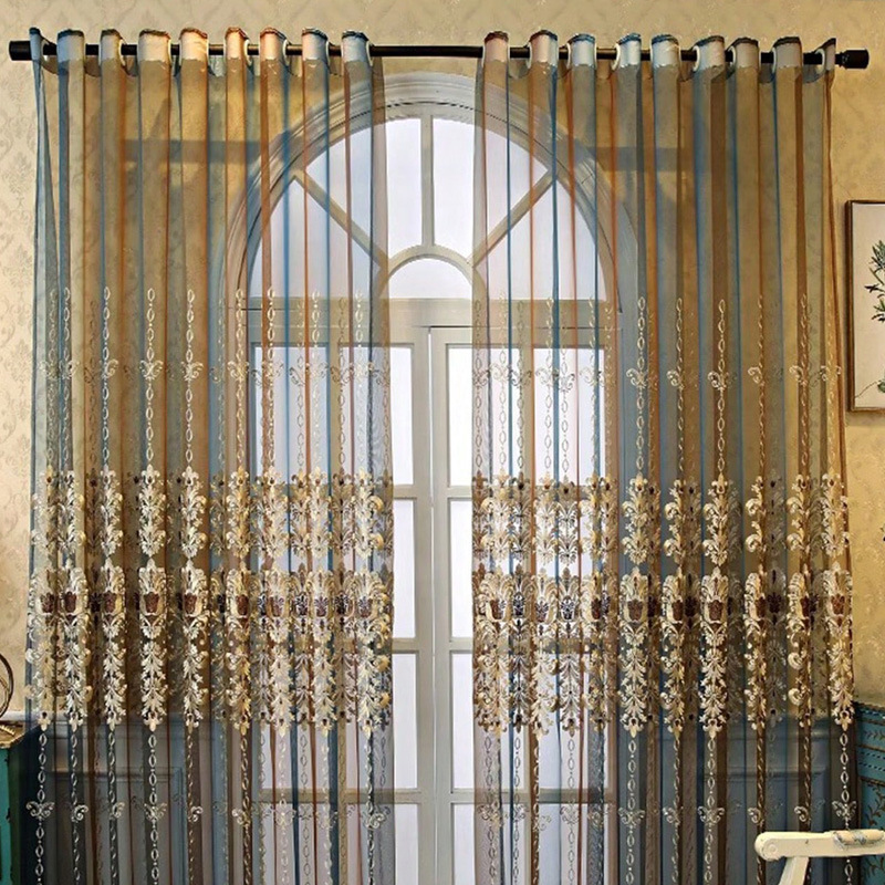 Sandėlyje esantys tarpvalstybiniai gatavi produktai „Four Seasons“ svetainė valgomasis balkonas langai nuo grindų iki lubų europietiška siuvinėta nuo saulės užuolaida mėlyna