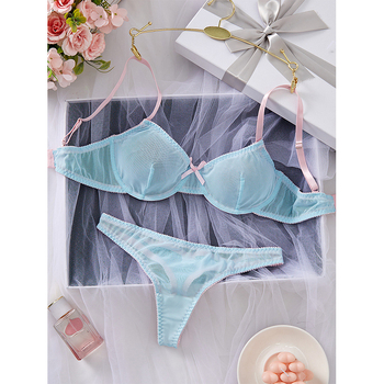 Euroopa ja Ameerika piiriülese võrgusilmaga sinine õhuke õlarihmaga disain poolläbipaistev seksikas õhuke pitsiline aluspesu komplekt hulgimüük