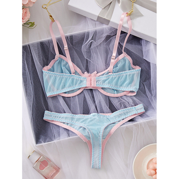 Euroopa ja Ameerika piiriülese võrgusilmaga sinine õhuke õlarihmaga disain poolläbipaistev seksikas õhuke pitsiline aluspesu komplekt hulgimüük