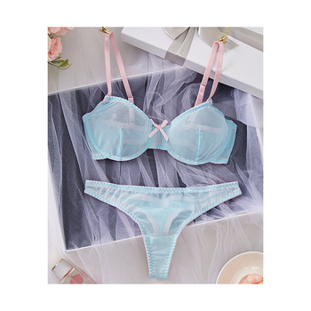 Euroopa ja Ameerika piiriülese võrgusilmaga sinine õhuke õlarihmaga disain poolläbipaistev seksikas õhuke pitsiline aluspesu komplekt hulgimüük