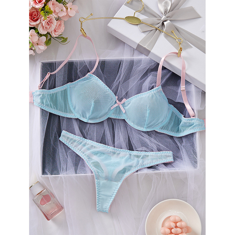 Euroopa ja Ameerika piiriülese võrgusilmaga sinine õhuke õlarihmaga disain poolläbipaistev seksikas õhuke pitsiline aluspesu komplekt hulgimüük