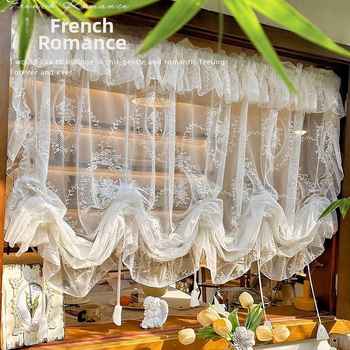 Balta prancūziška romantiška raukta romėniška raišteliu užtraukiama užuolaida virtuvės pertvara pusu užuolaida marlės užuolaida vandens bangos užuolaida sprogimo užuolaida