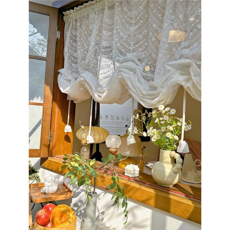Prancūziško kremo stiliaus nėrinių siūlų pakėlimo užuolaida, korėjietiško stiliaus princesės pastoracinė europietiško stiliaus neperforuojama pakėlimo užuolaida miegamojo įlankos langui