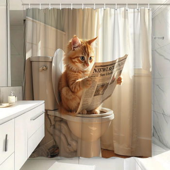 Διασυνοριακό ηλεκτρονικό εμπόριο Amazon Παιχνιδιάρικη γάτα Ginger Tabby που διαβάζει εφημερίδα στην κουρτίνα ντους τουαλέτας ΗΠΑ Ευρώπη Βόρεια Αμερική