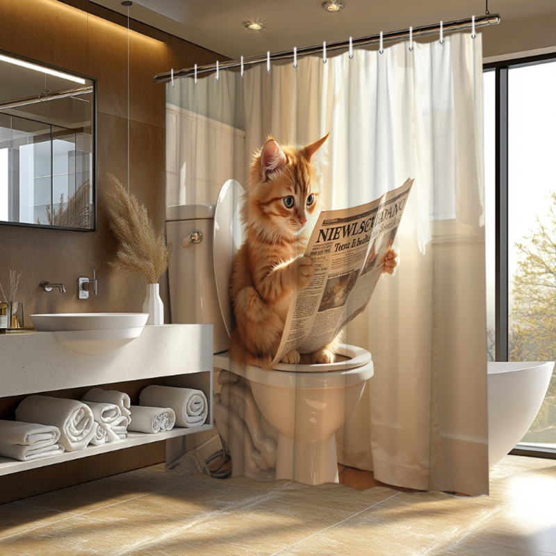 Amazon határokon átnyúló e-kereskedelem Játékos gyömbér cirmos macska újságot olvas a WC zuhanyfüggönyén USA Európa Észak-Amerika