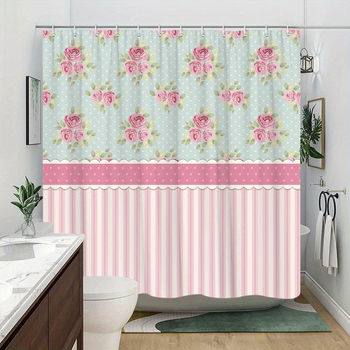 Κουρτίνα μπάνιου Temu Cross-Border E-Commerce Retro Floral με ρίγες από πολυεστέρα, περιέχει 12 γάντζους για την Αμερική, Ευρώπη, Βόρεια Αμερική