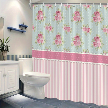 Κουρτίνα μπάνιου Temu Cross-Border E-Commerce Retro Floral με ρίγες από πολυεστέρα, περιέχει 12 γάντζους για την Αμερική, Ευρώπη, Βόρεια Αμερική