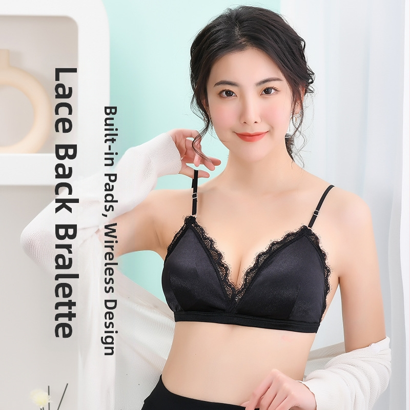 Podprsenka bez ramienok s trojuholníkovými košíčkami vo francúzskom štýle s krásnym chrbtom a bez kostic, nastaviteľné ramenné popruhy, jednoradová zavinovacia podprsenka s prackou a vypchávkami na hrudi