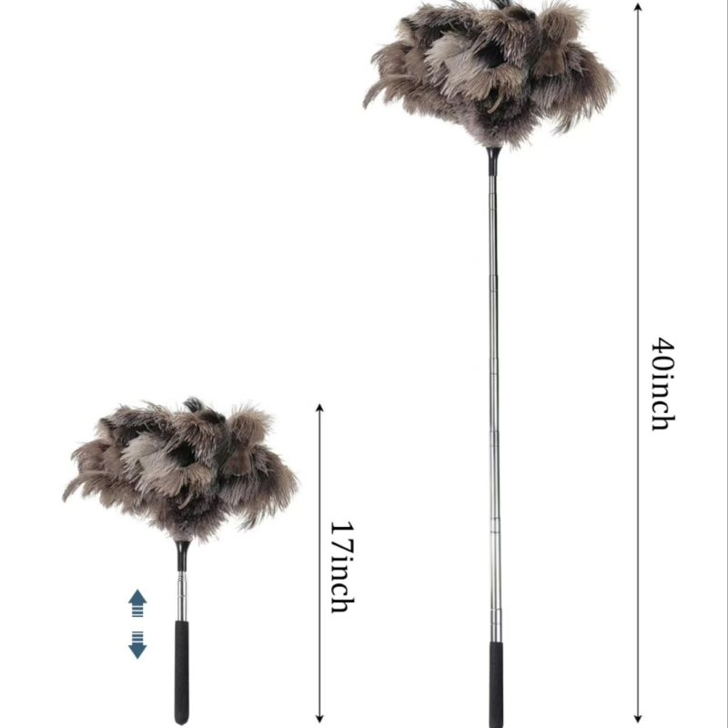 Ištraukiama ilga stručio plunksnų šluostė, buitinė, nerūdijančio plieno, ilga rankena, lubų šluota, gamyklos išparduotuvė